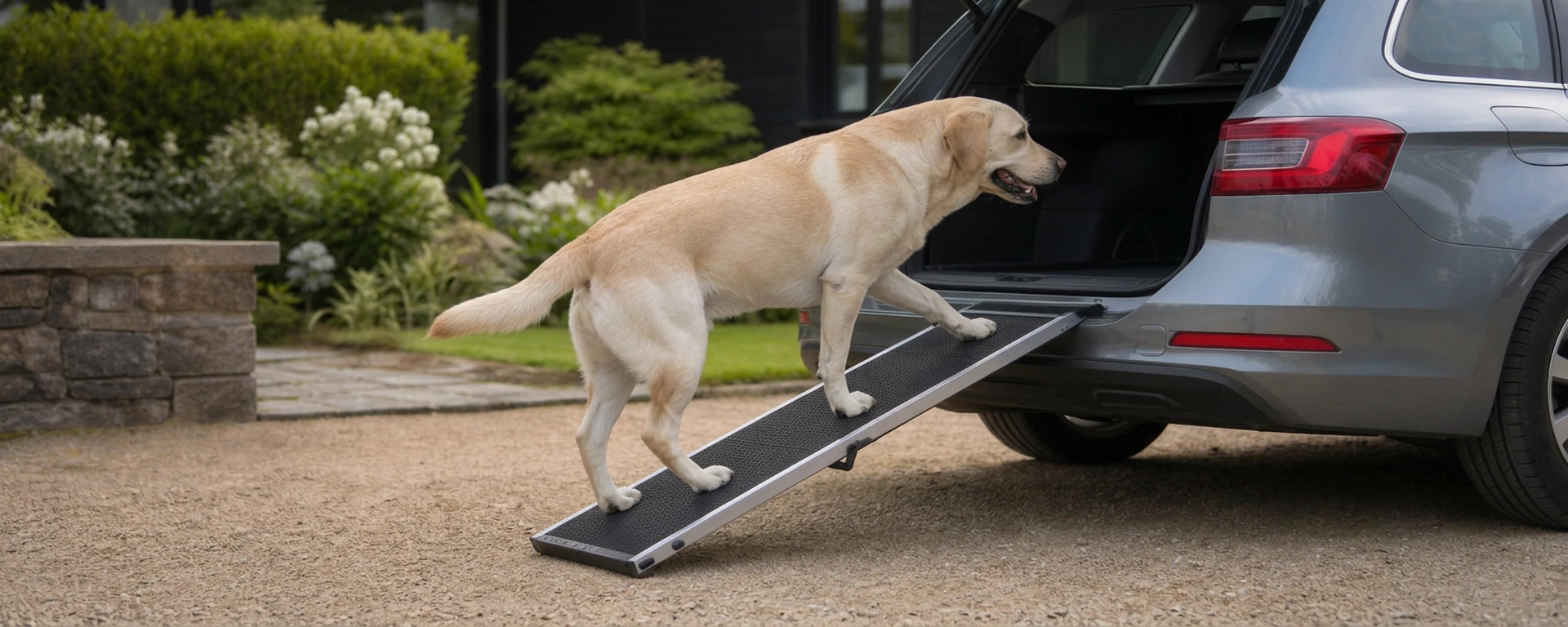 Een hond loopt via een korte oprijplaat de kofferbak van een auto in