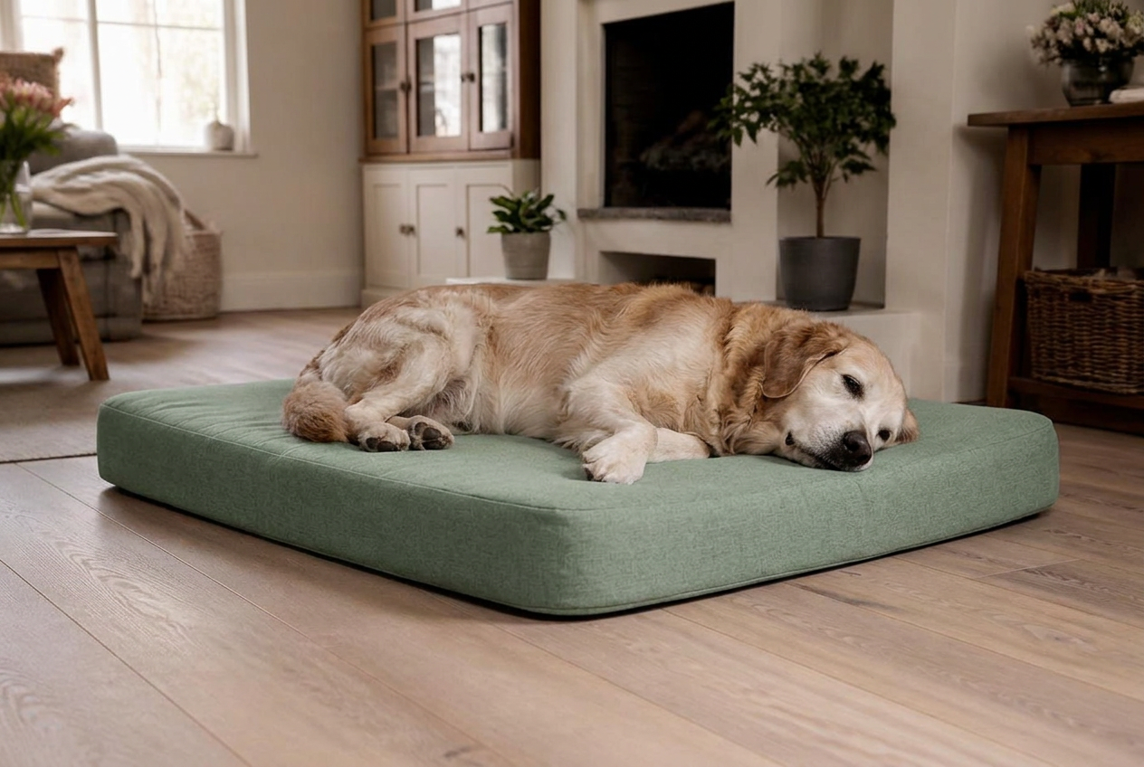 Een hond gaat liggen op een laag ondersteunend bed