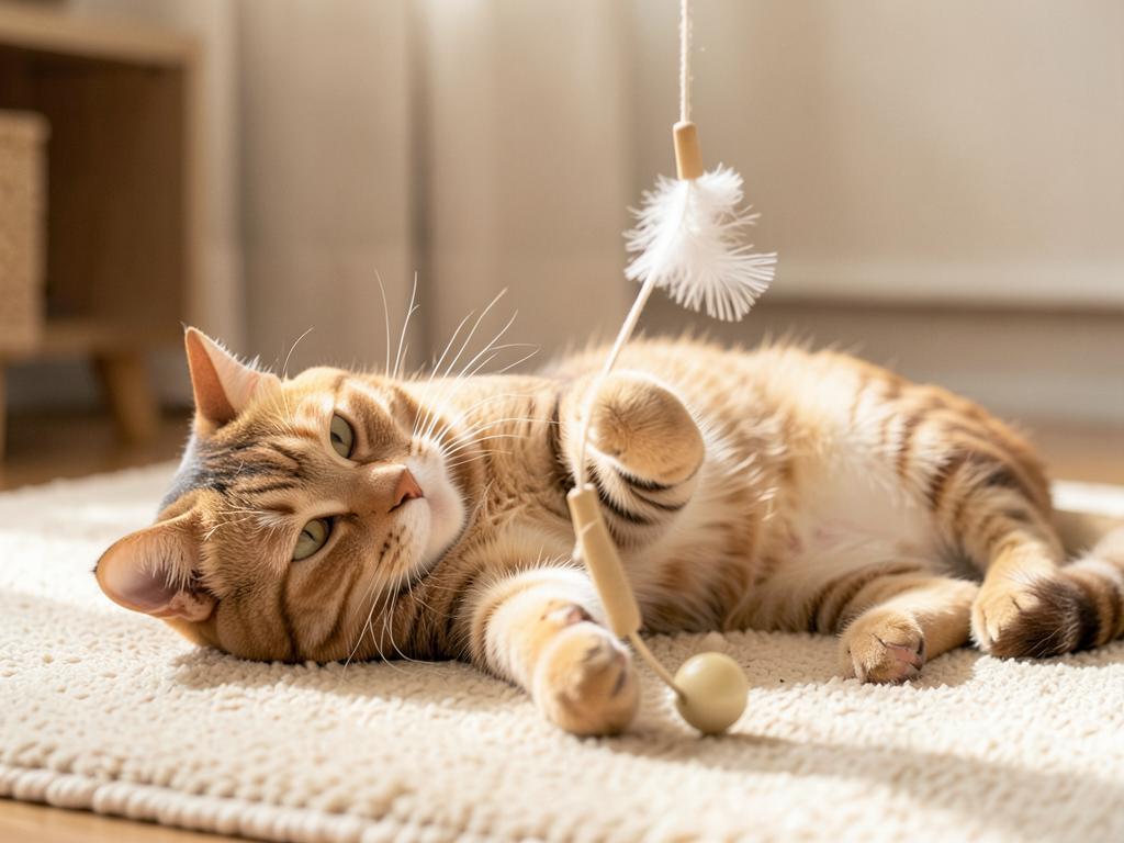 Een liggende kat speelt ontspannen met een hangend hengeltje binnen handbereik